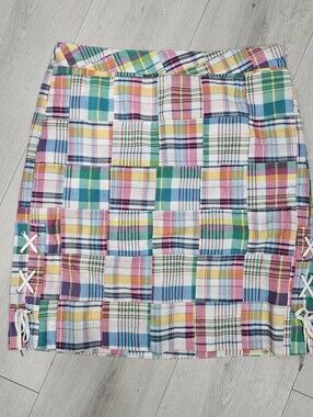 Talbots Madras Plaid Patchwork Skirt Sz 6 Retro Cotton Side Laces Lined NWOT